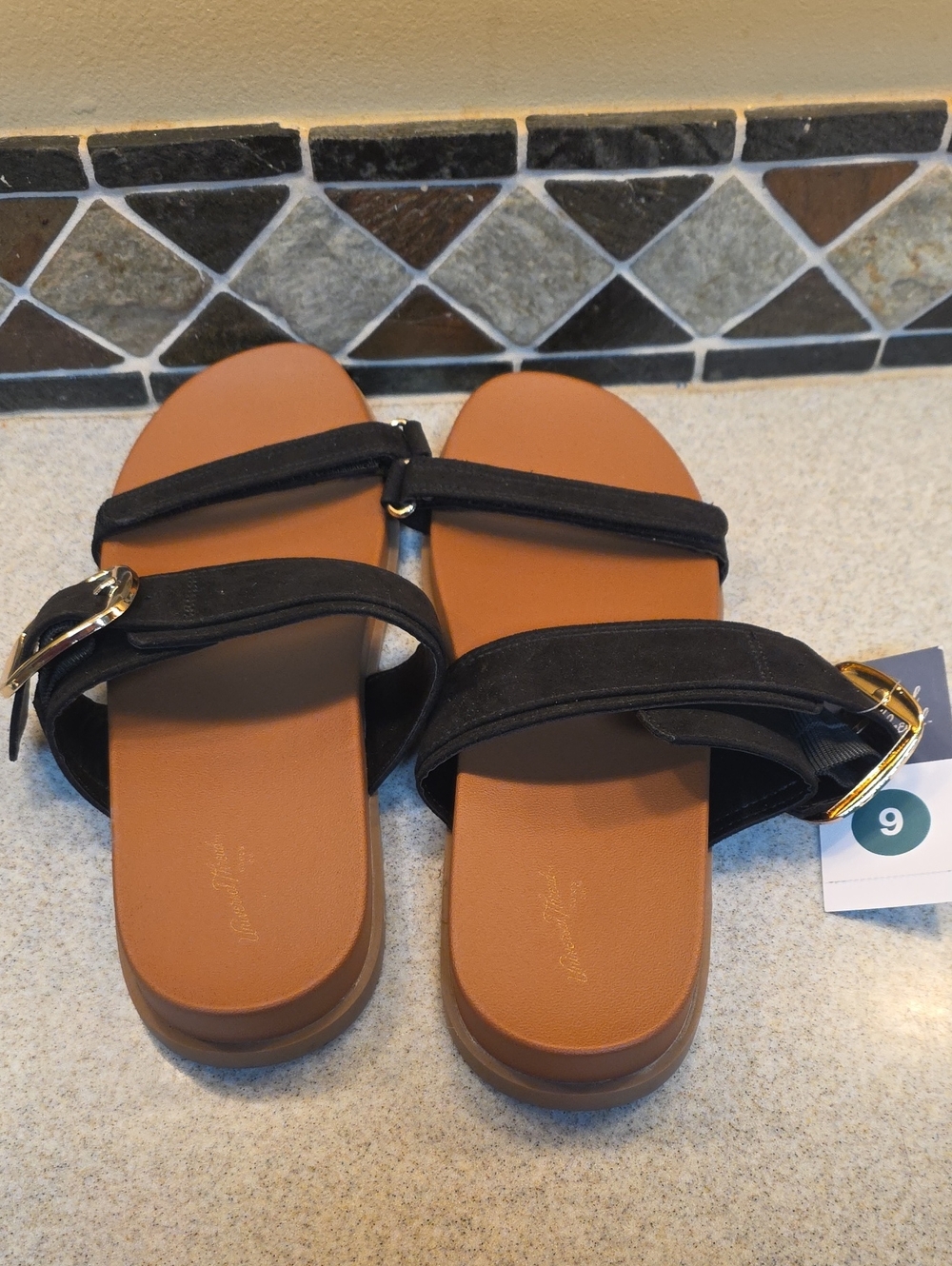 Women's Black Strap Slide Sandals with Tan Footbed